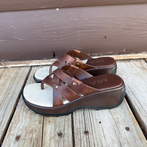 MIA Shoes - Vintage MIA Platform Wedge Sandals Brown Leather Strappy Thong Sz 7 Brazil Y2K